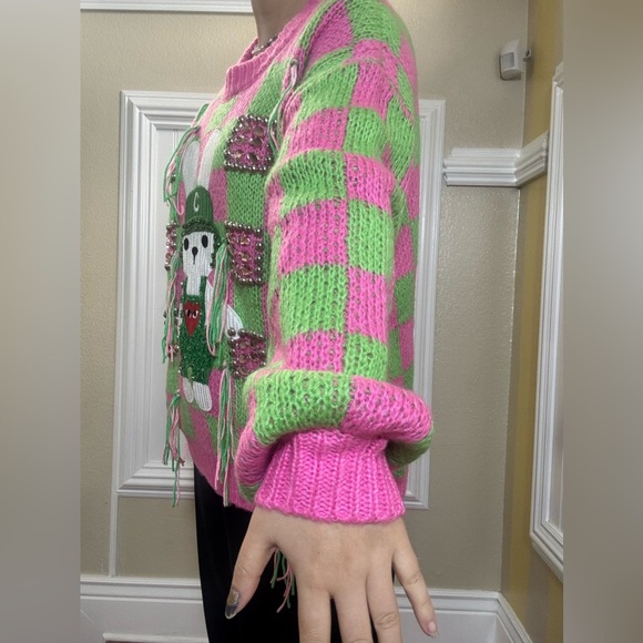 NWOT Pink and Green Checkered Sweater with Bunny Design - Picture 6 of 12